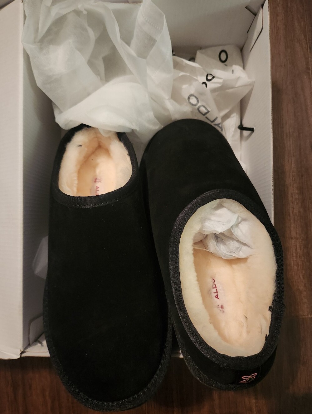 Aldo Black Suede Shearling-Lined Slip-On Slippers